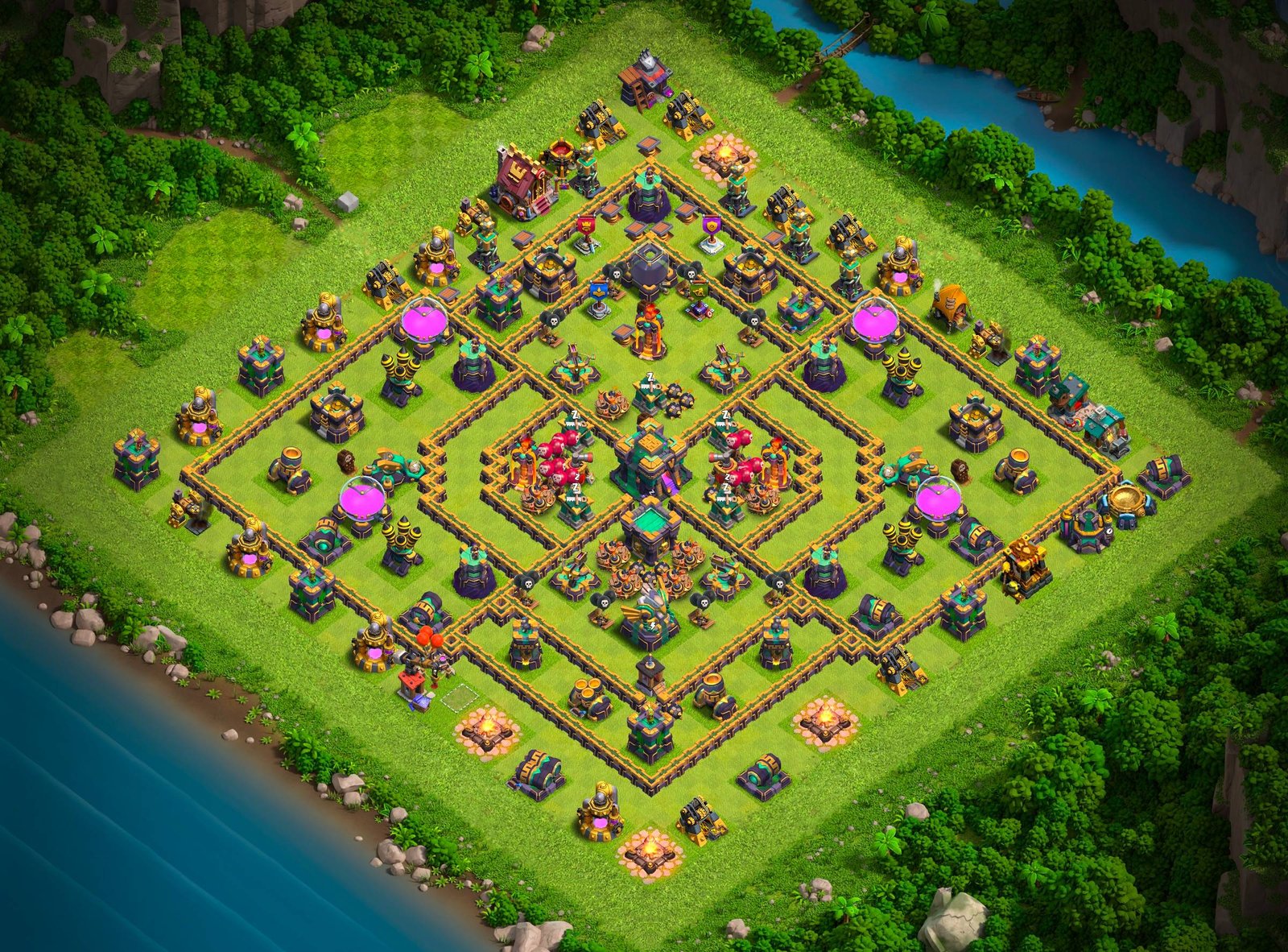 th14 hybrid base layout designed for trophy defense in clash of clans 01 i1